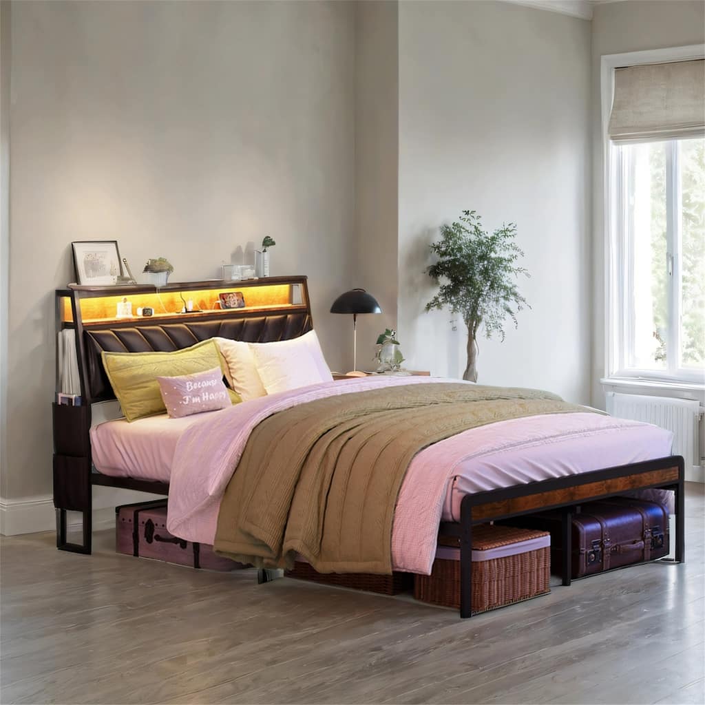 Queen Size LED Platform Bed with Storage Headboard, Charging Station