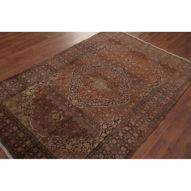 Pre-1900 Antique Kashan Mohtasham Persian Rug Handmade Wool Carpet - 4'4" x 6'5"