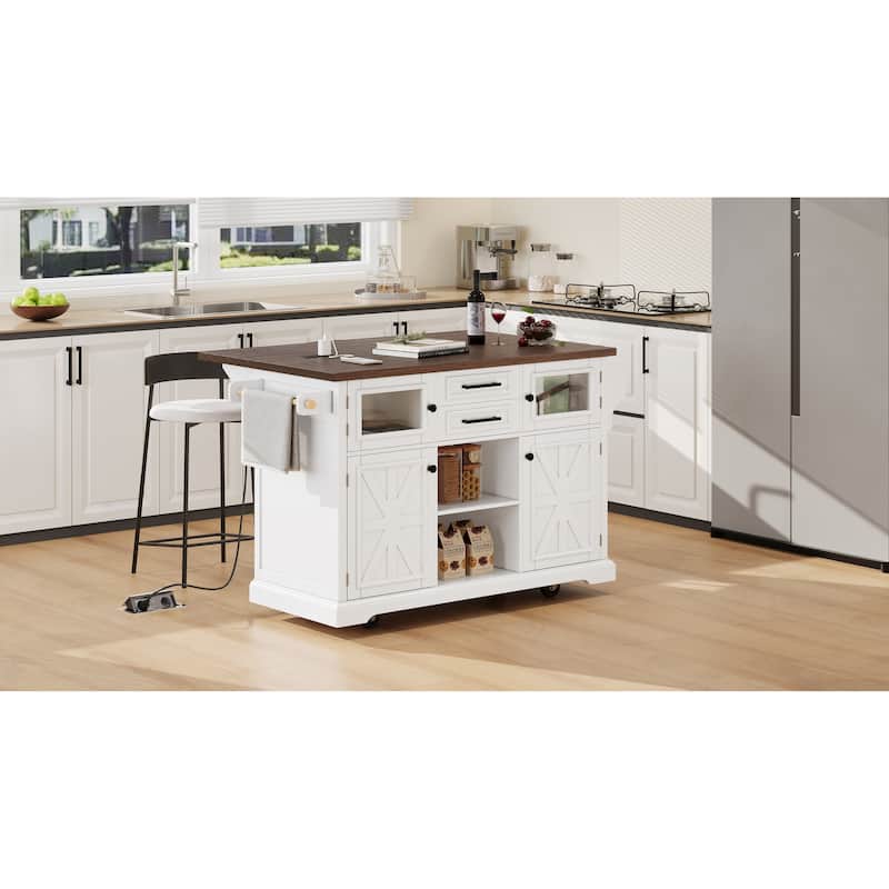 Kitchen Island with Drop Leaf, Power Outlet and 4 Door Shelves