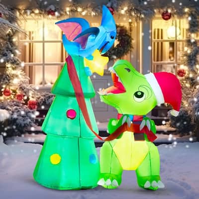Joyfy 7 FT Christmas Dinosaur Inflatable Decoration, Dinosaur Decorating a Christmas Tree with Built-in LEDs