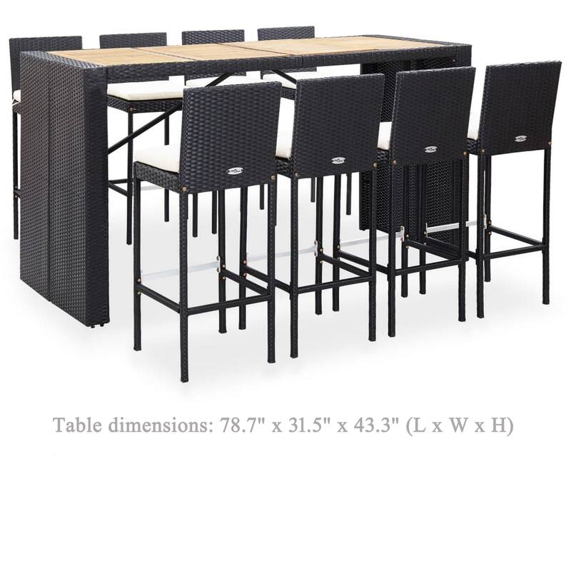 9pc Outdoor Bar Table Set with 8 Chairs Black Poly Rattan, Acacia Wood