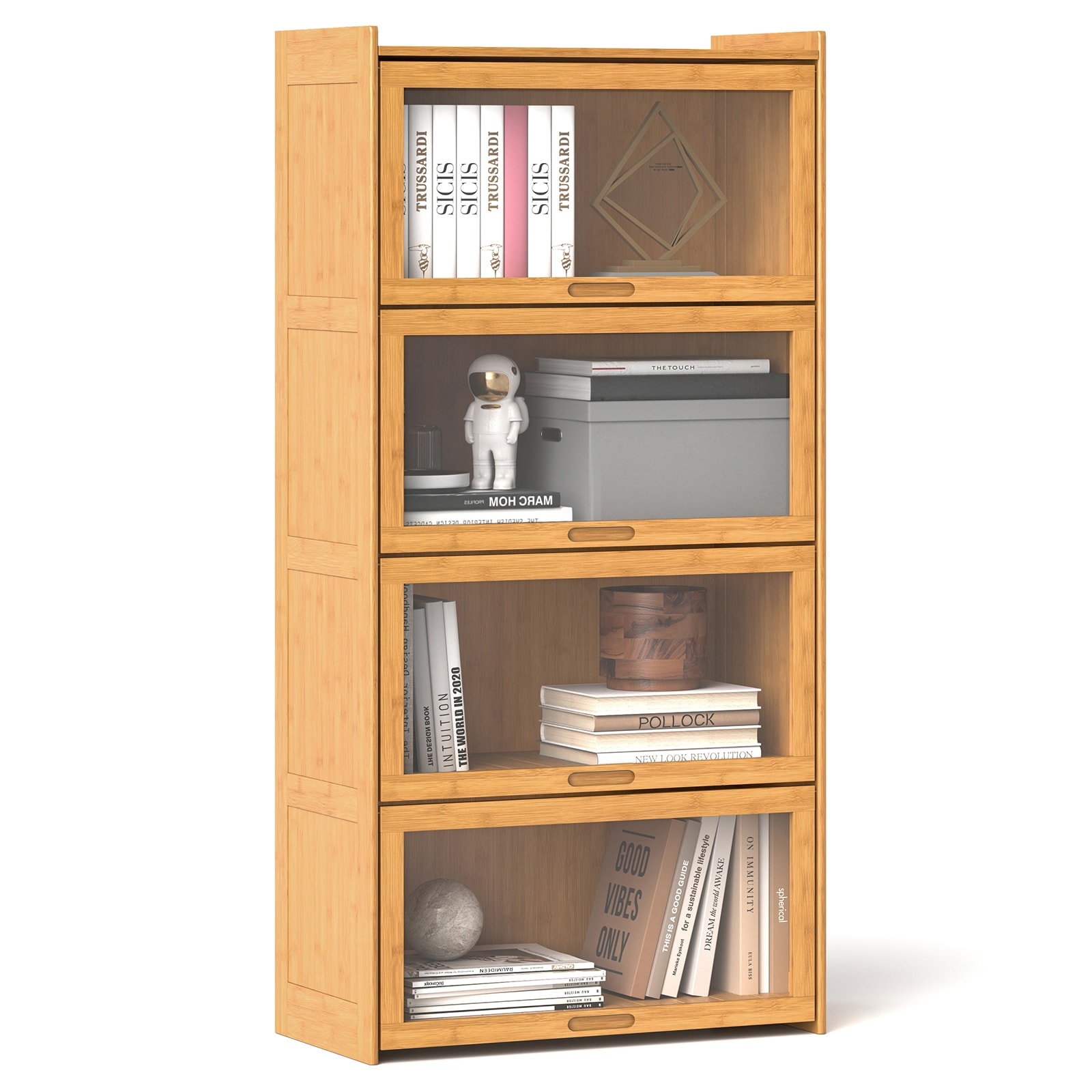 Gymax 4-Tier Bamboo Bookshelf w/Doors See-through Acrylic Doors