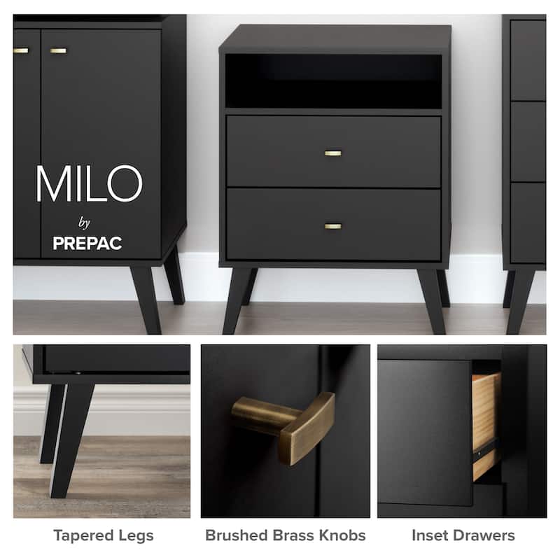 Prepac Milo Mid-Century Modern 2 Drawer Nightstand, Bedside Table, Contemporary Bedroom Furniture
