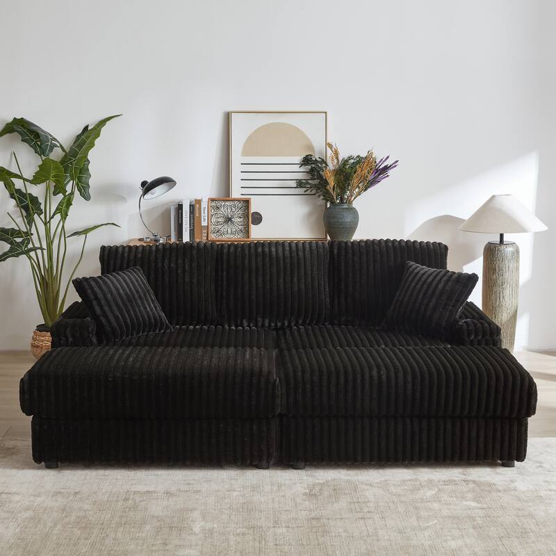 Deep Seat Sectional Loveseat Set with 2 Ottoman and 2 Pillows, Corduroy Chaise Lounge Bed with 2 Storage Spaces and Cupholding