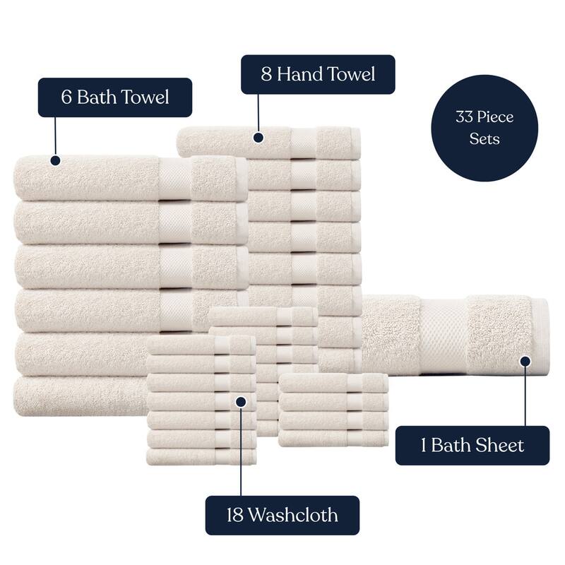 Delara Organic Cotton Luxuriously Plush Bath Towel 33 Piece Set, GOTS & OEKO-TEX Certified, 650 GSM Long Staple