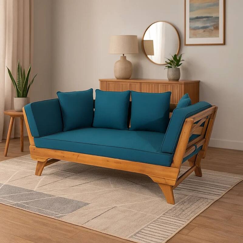 Flex Outdoor Daybed, 65 Inch Teak Brown Acacia Wood, Blue Cushions