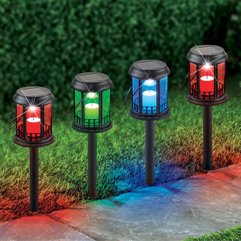3-in-1 Solar Powered Color-Changing Lights - Set of 4 - 3.94 x 16.34 x 3.94 - Black - 3.94 x 16.34 x 3.94 - Plastic