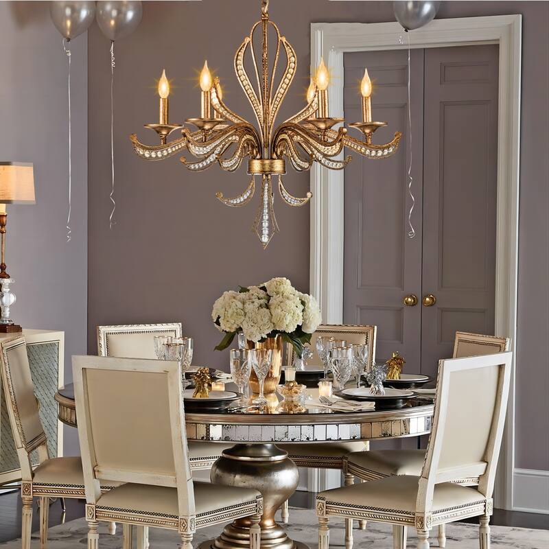 6-Light Mid-Century Modern Transitional Antique Silver Round Hand-Beaded Crystal Candle Large Chandelier