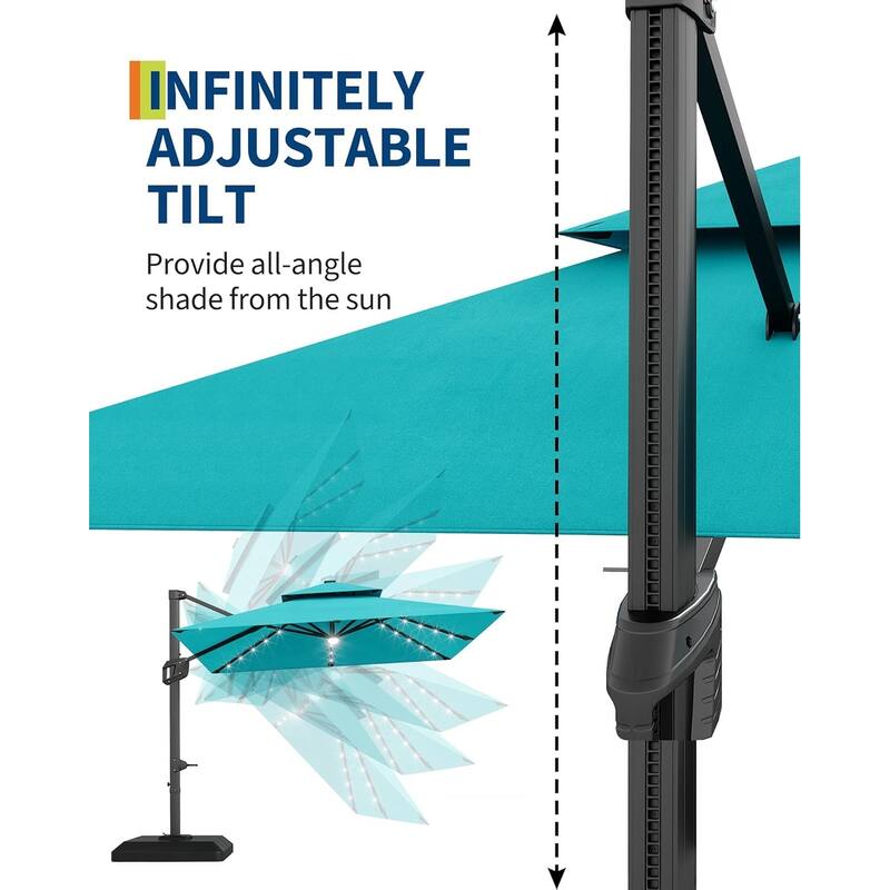 10x10Ft Square Solar LED Cantilever Umbrella , with Weighted Base