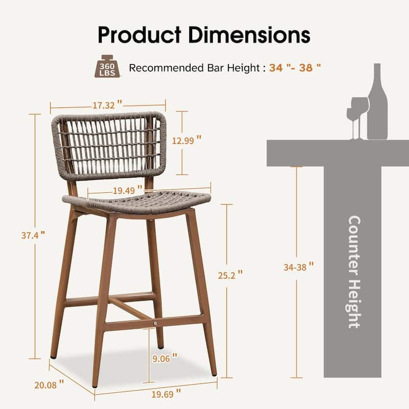 PURPLE LEAF Bar Stools Set of 2 Patio Wicker Bar Height Metal Chairs Boho High Barstools with Back for Garden Outdoor