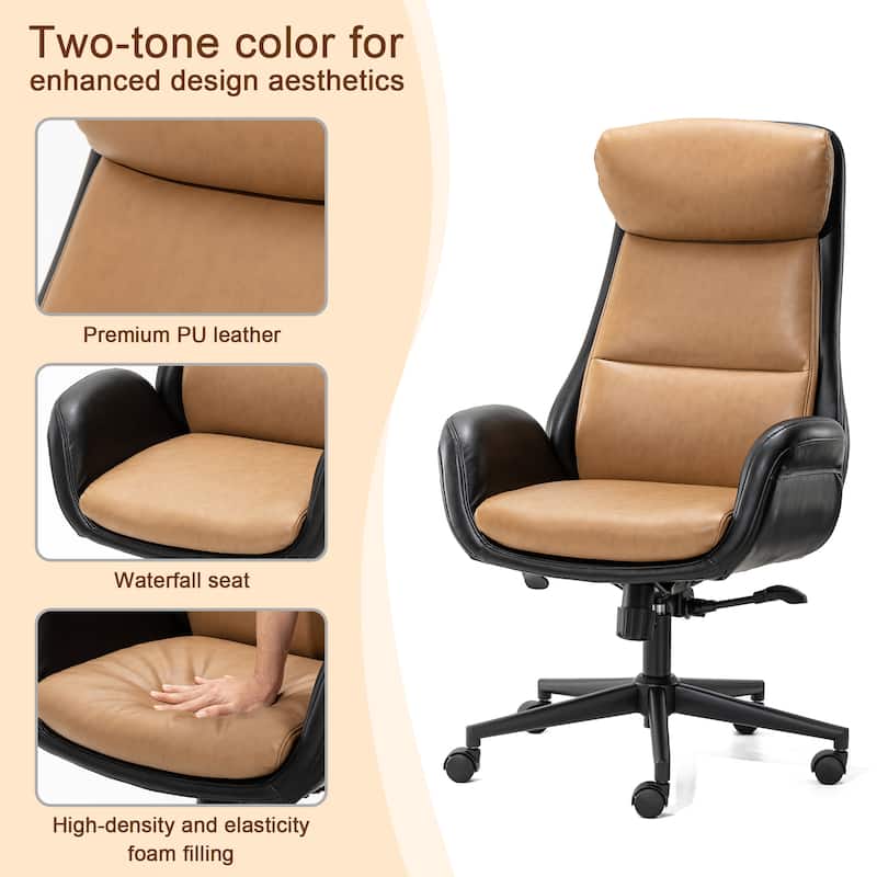 Glitzhome Modern Two-tone Faux Leather and Fabric Combination Gaslift Adjustable Swivel High Back Office Chair with Area Rug