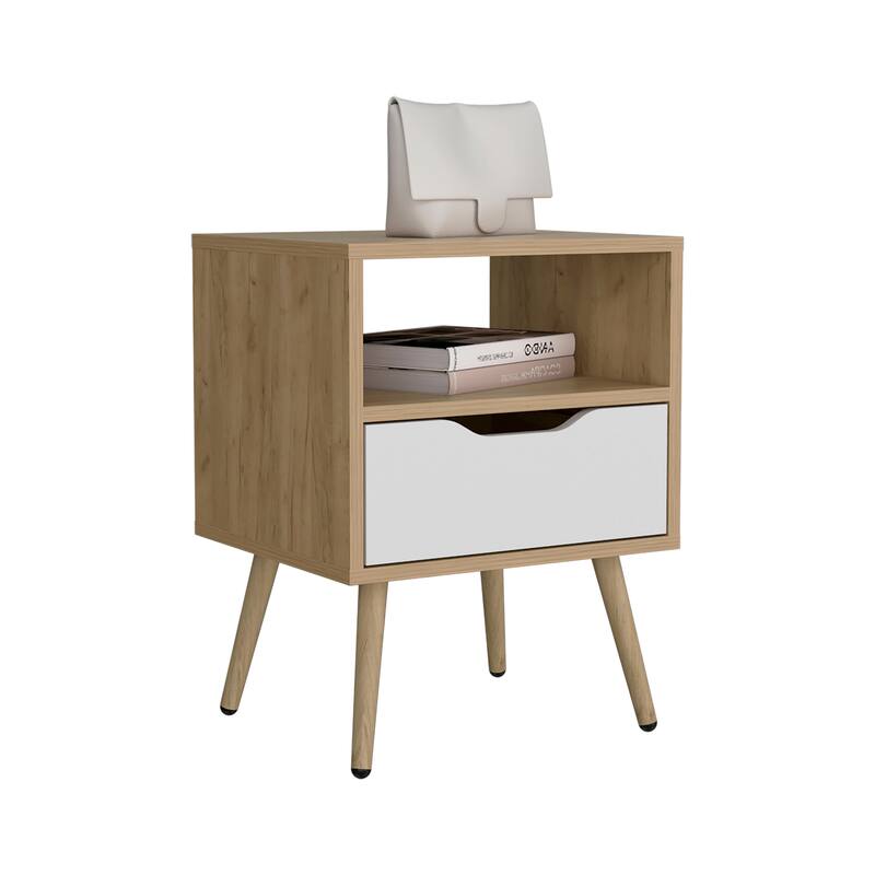 Wooden Nightstand with Single Drawer, Bedroom Coffee Table with Open Shelves, Sofa Side Table with Solid Wood Legs