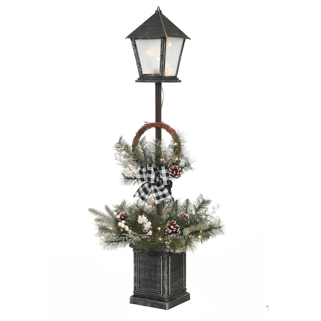 Vintage Lantern Post with Wreath and micro LED lights and Timer - Multi