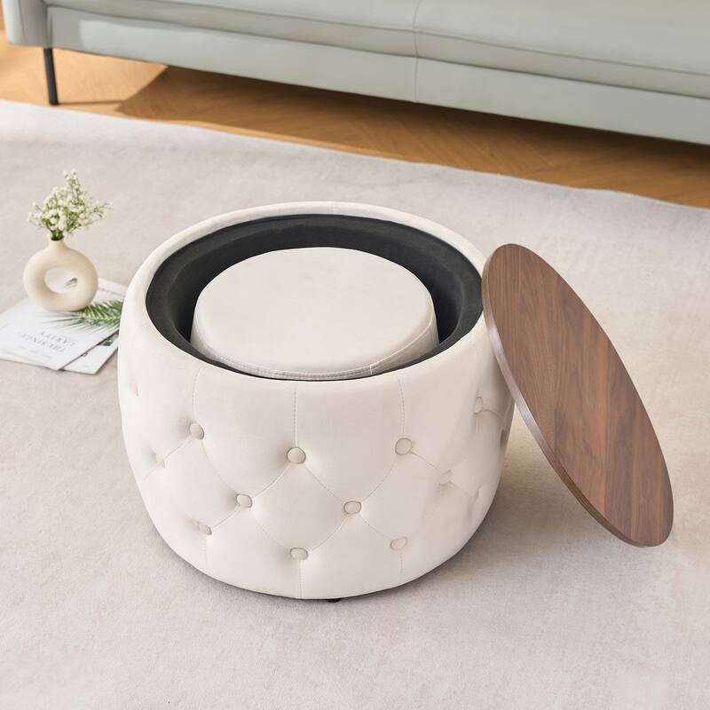 Luxurious Nesting Ottomans of 2, Round Storage Foot Stool with Wood Tray