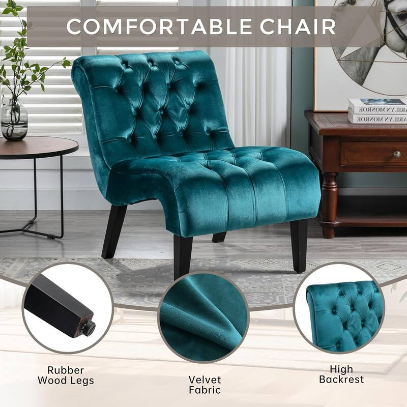 Roomfitters Velvet Armless Accent Chair, Upholstered Button Leisure Chair with Wood Legs for Living Room