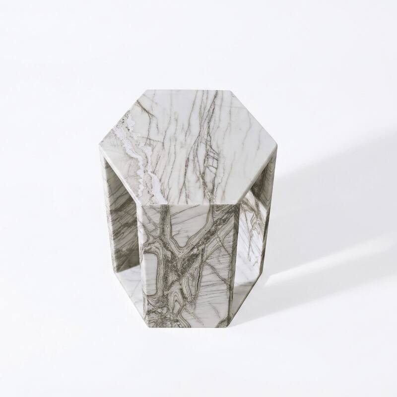 Roomfitters Luxury Natural Marble Hexagon Side Table, Solid Stone Geometric Pedestal End Table, Polished Finish