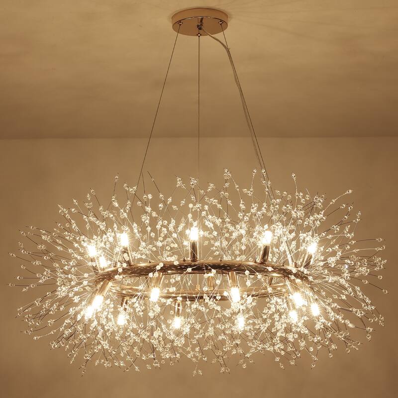 12/20 - Light Modern Glam Sputnik Wagon Wheel Crystal Chandelier for Entryway, Living Room(Bulbs Included)