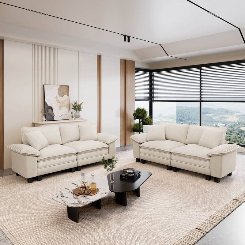 MAISON ARTS 2-Piece Living Room Sofa Set, Comfy 3/4/5-Seater Modular Loveseat & Armchair with Throw Pillows - Off-White ( 4 Pieces ) - Left Facing