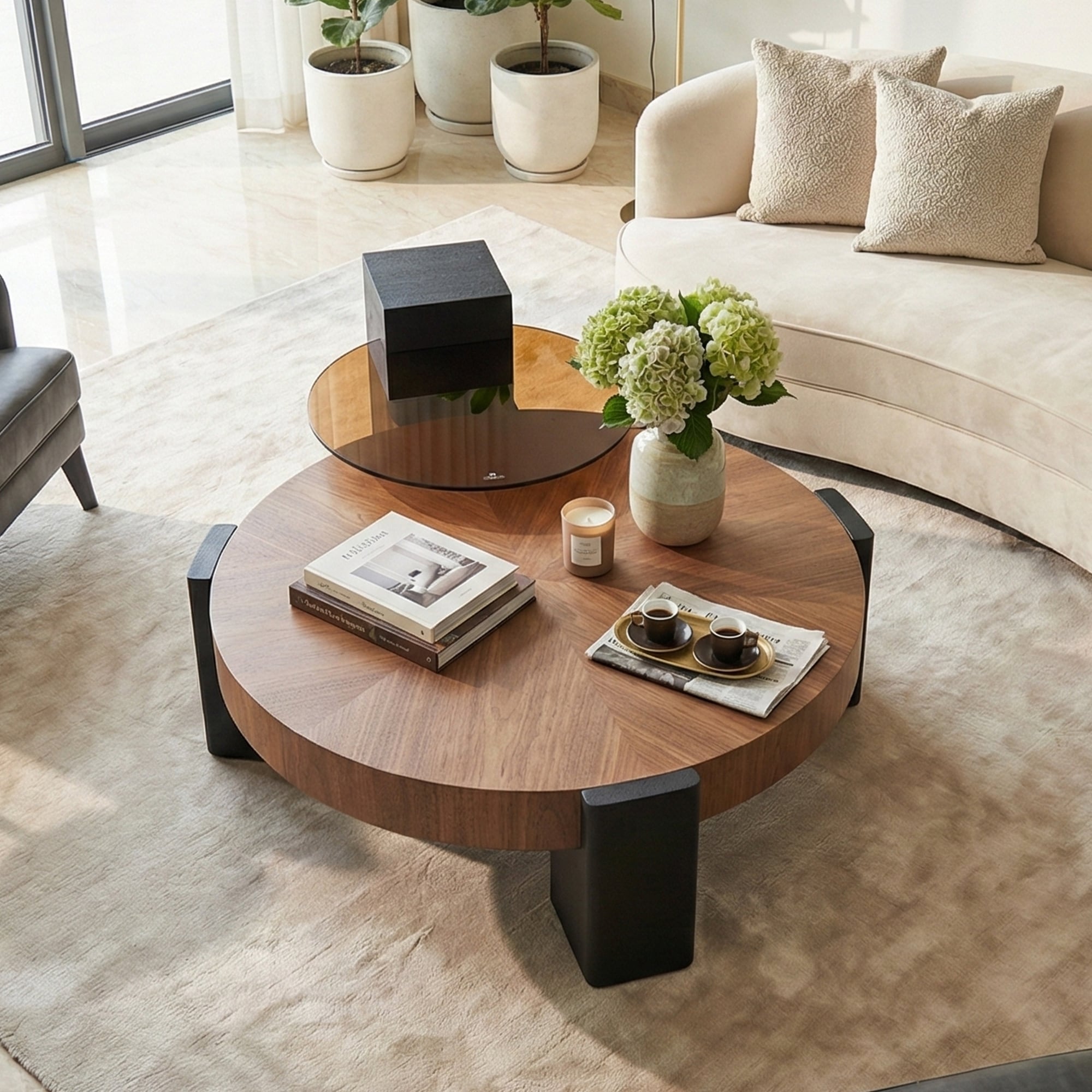 Modern 2-Tier Round Coffee Table Set with Walnut Finish & Black Accents