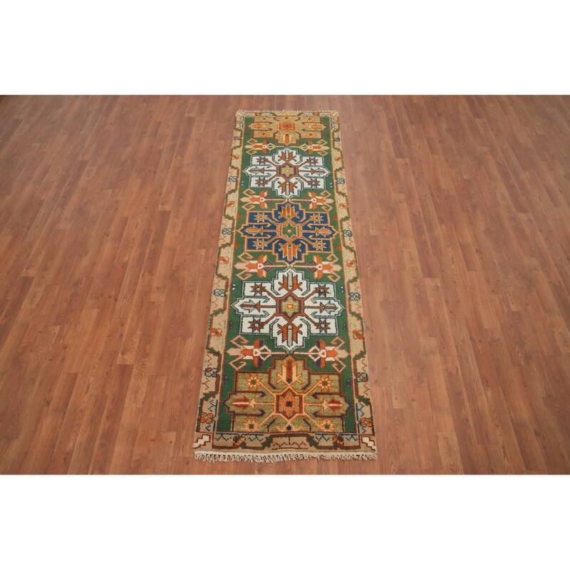 Hand Knotted Oriental 100% Wool Carpet Traditional Geometric Green Kazak Runner Rug - 7' 11'' X 2' 6''