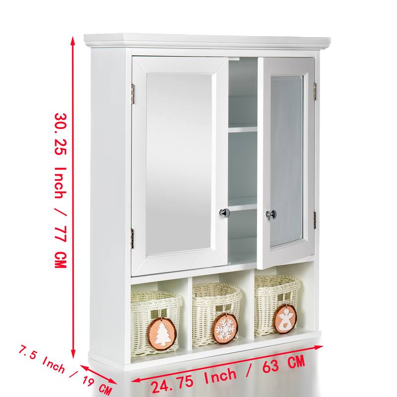Roomfitters Bathroom Storage Cabinet, Wall Mounted White Medicine Cabinet with Mirror, Adjustable Shelves, 3 Basket Organizer