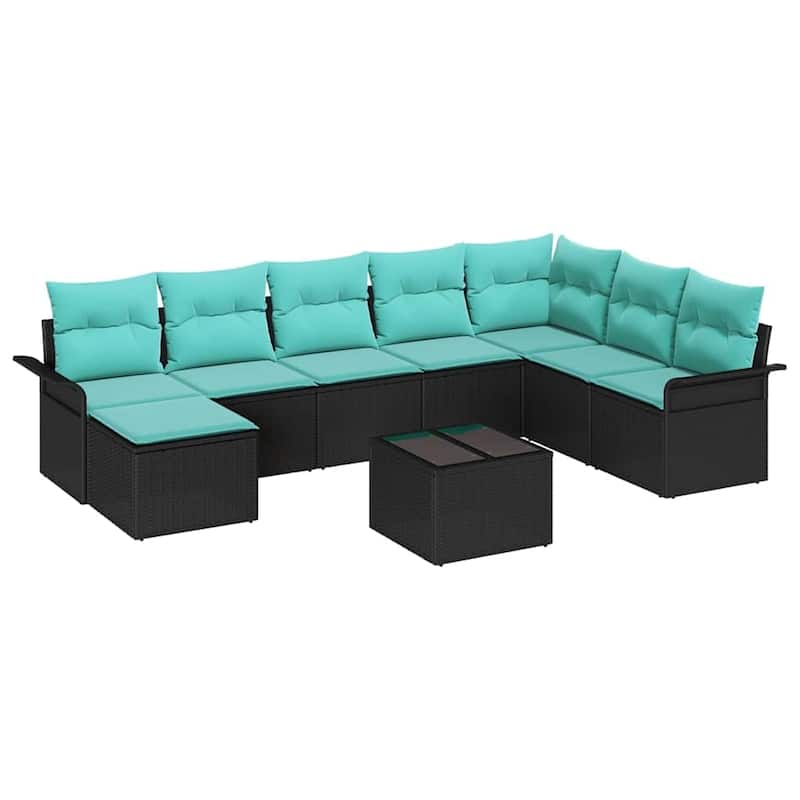 vidaXL 9 Garden Sofa Set with Cushions Black Poly Rattan - 117.1 x 73.8 x 27.2