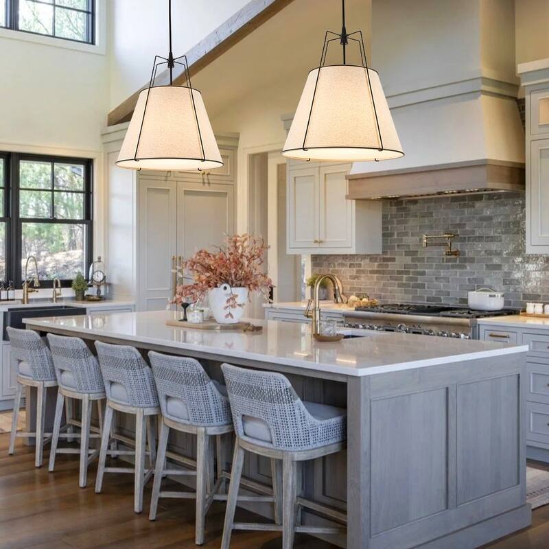 Mid Century 4-Light Conical Ivory Linen Lantern Pendant Ambient Light