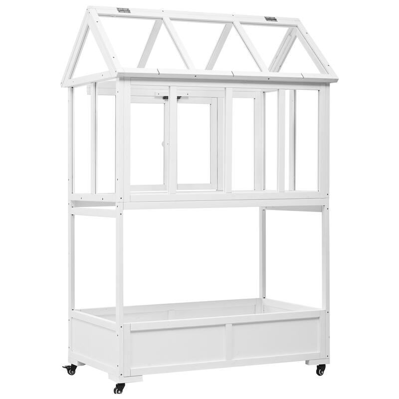 Garden Wood Portable Cold Frame with Movable Wheels Mini Greenhouse with Openable Roof and Storage Box