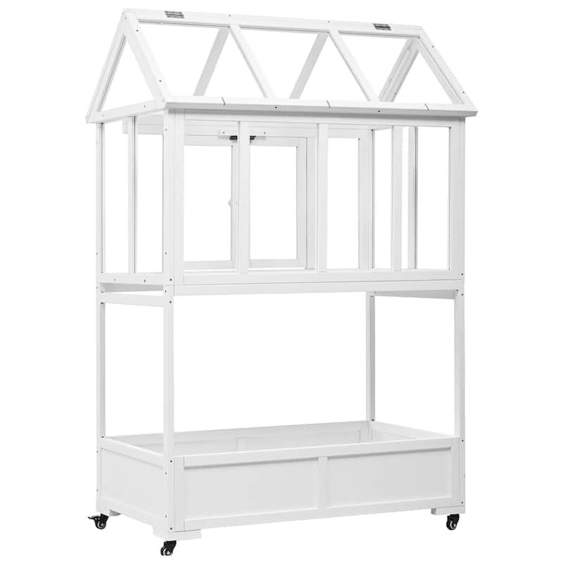 Roomfitters Portable Wooden Cold Frame Greenhouse with Wheels, Openable Roof and Storage Box for Garden Plants