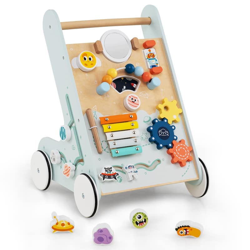 Green MDF Space-Themed Baby Walker with 8-in-1 Activity - 14" L x 13" W x 18.5" H