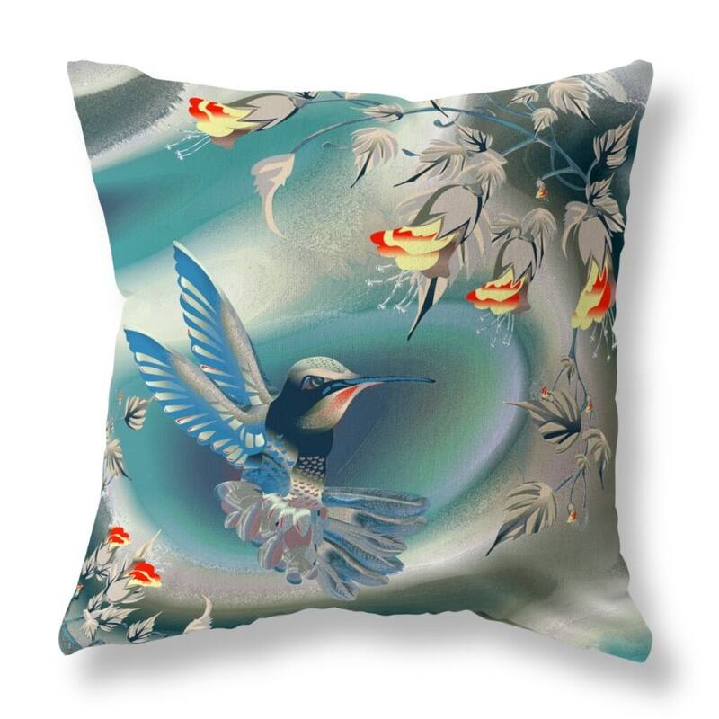 HomeRoots 26" X 26" Blue and Gray Bird Blown Seam Floral Indoor Outdoor Throw Pillow - 26.00' X '26.00' X '5.00