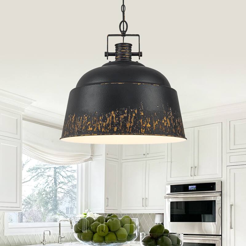 3-Light Industrial Pendant Light with Distressed Metal Dome Shade - 3-Lights - Black Distressed Gold