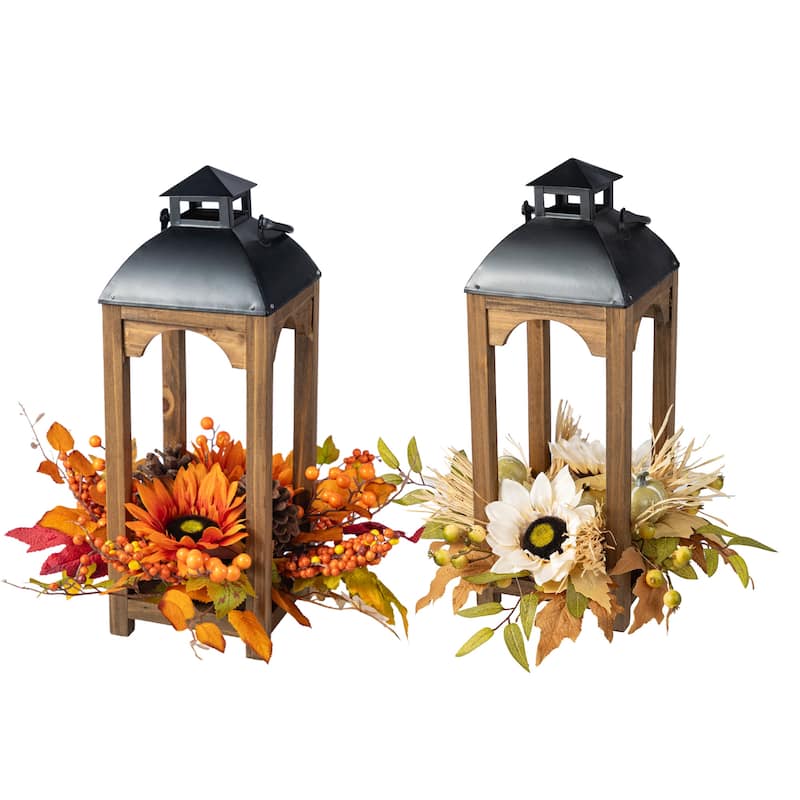 Glitzhome 20"H Fall Pumpkin Sunflower Pine Cone Wooden Hanging Lantern Table Centerpiece