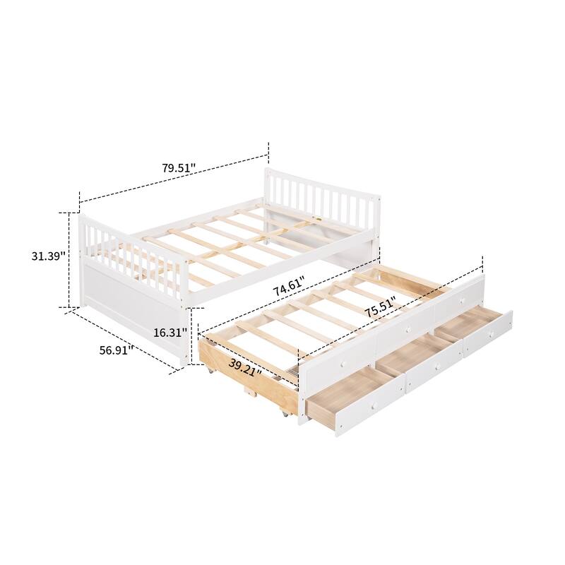 Minimalist Wooden Daybed with a Trundle and Three Underbed Drawers