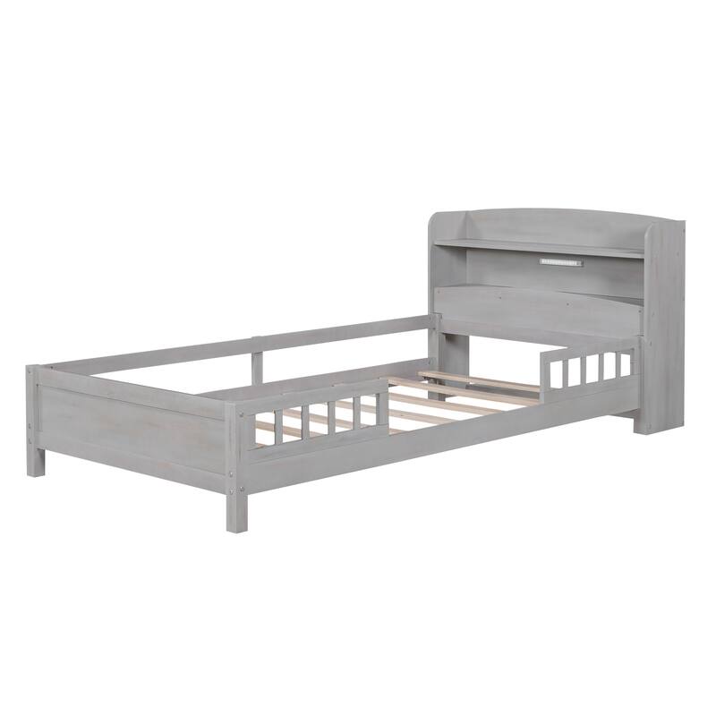 Twin Size LED Platform Bed with Storage Headboard & Guardrail, Antique Grey