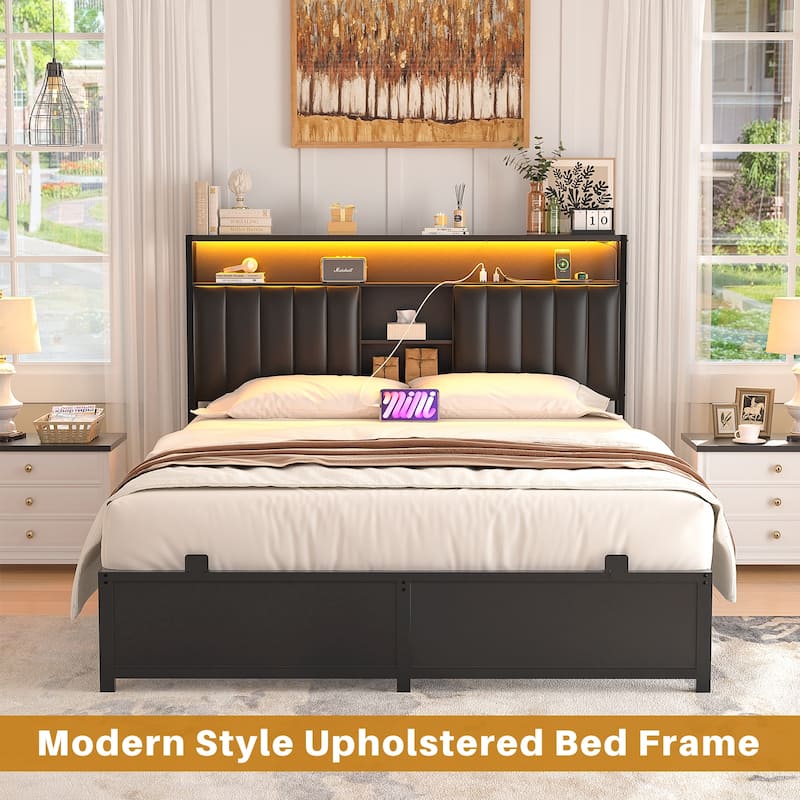 Upholstered Bed Frame with Storage Shelving, Platform Beds with Charge Station and LED Lights