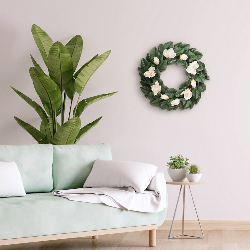24" Artificial Magnolia Floral Spring Wreath With Green Leaves