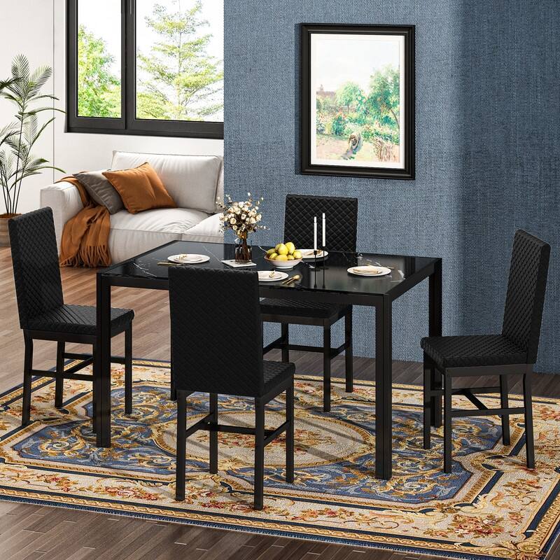 Grondin Modern Style 5-Piece Dining Room Table Set with Tempered Glass Tabletop and 4 Diamond Stitching PU Leather Dining Chairs