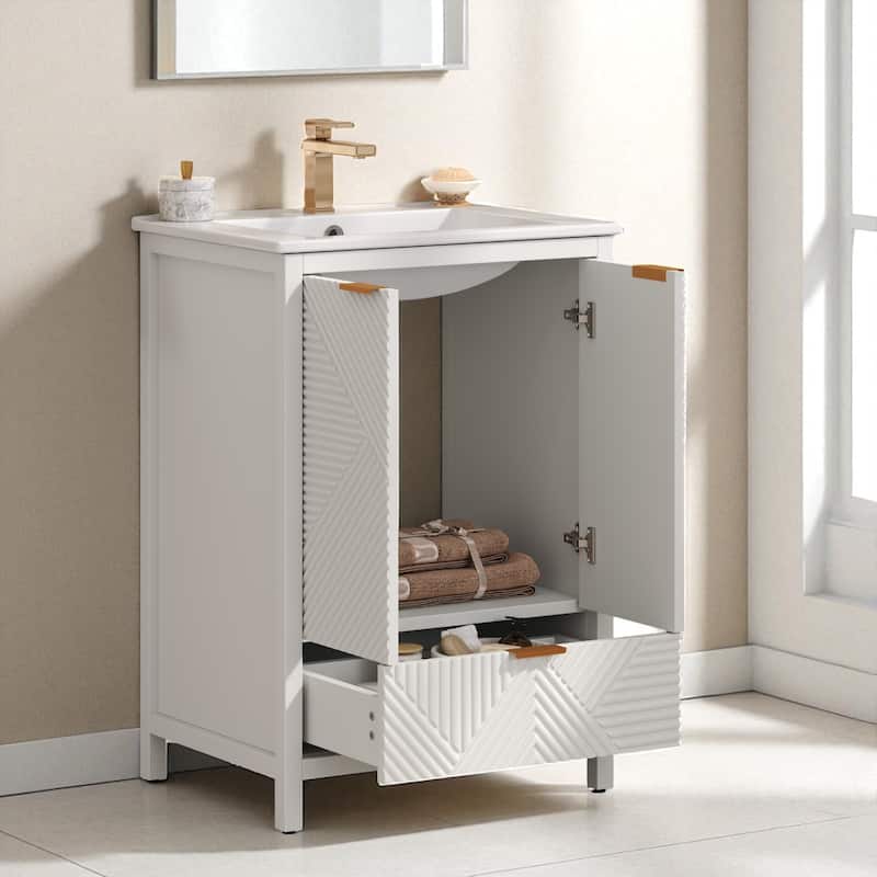 24" Bathroom Vanity with Ceramic Sink, Single Faucet Hole, Drawer Storage, Soft Close Doors and Textured Panels