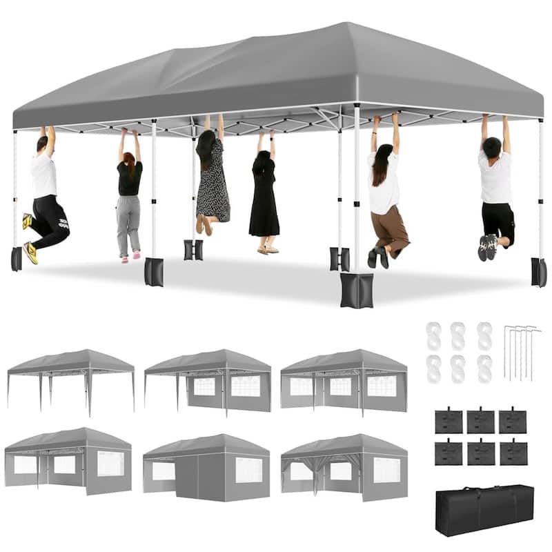 10X20 Ft Instant Waterproof Portable Pop-Up Canopy Tent with 4 Sidewalls for Outdoor Camping, Beach, Backyard - Grey