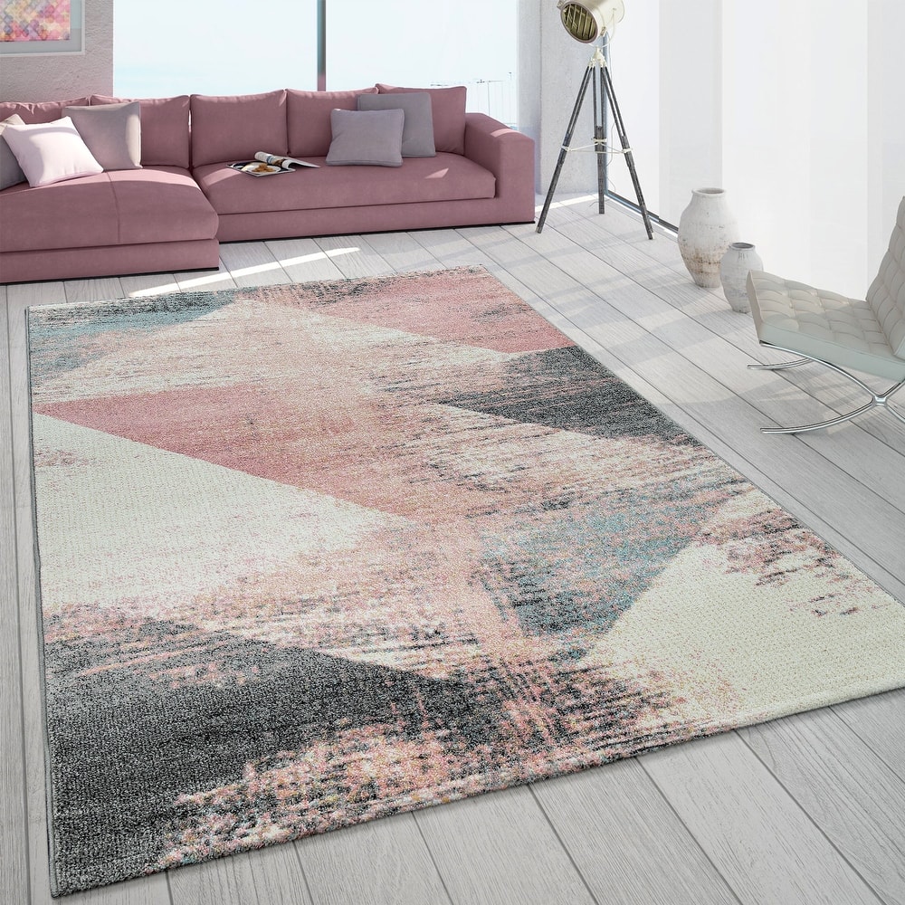 Abstract Area Rug with Geometric Designer Pattern and Faded Colors
