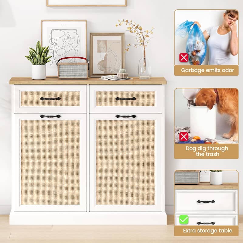 Tilt Out Trash Cabinet with Natural Rattan, Hidden Trash Can Cabinet 10 Gallon Trash Holder