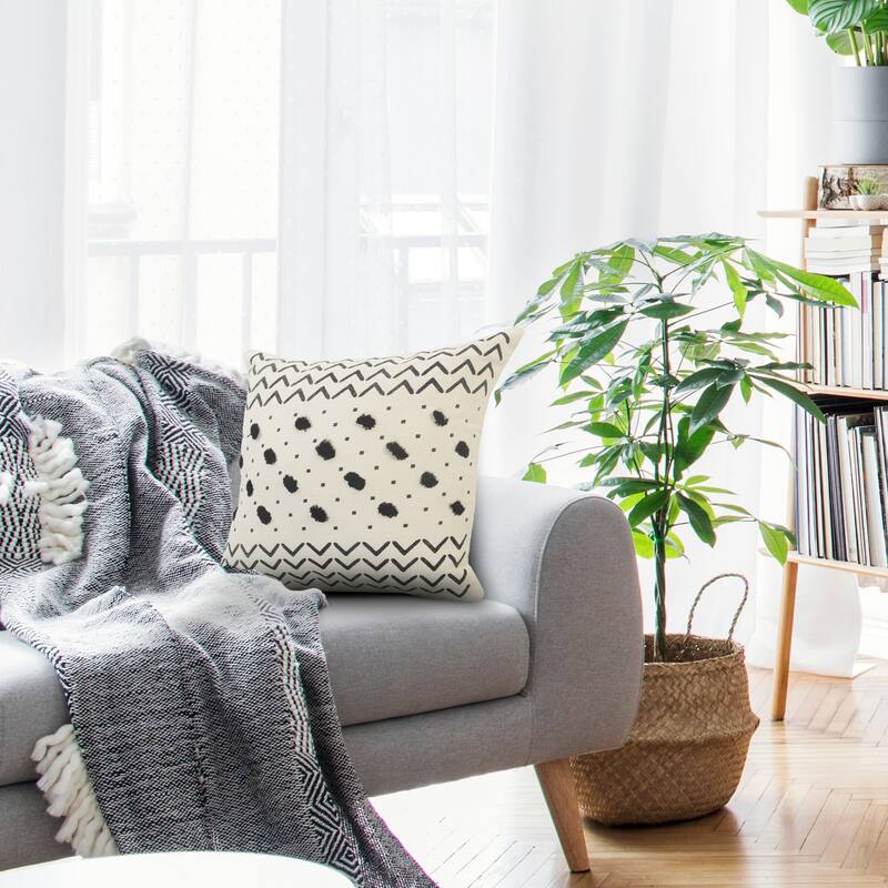 Handwoven Over-Tufted Grid Square Throw Pillow - 20" - Cream and Black