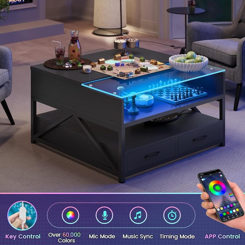 Coffee Table Lift Top 2 Drawers Hidden Compartment for Living Room