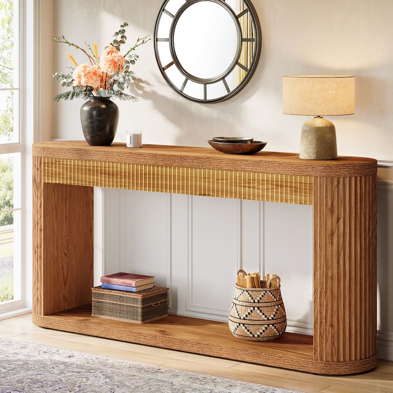 63-In Fluted Console Table for Entryway, 2 Tier Narrow Sofa Table with Storage - 11.81"D x 62.99"W x 31.5"H - Brown