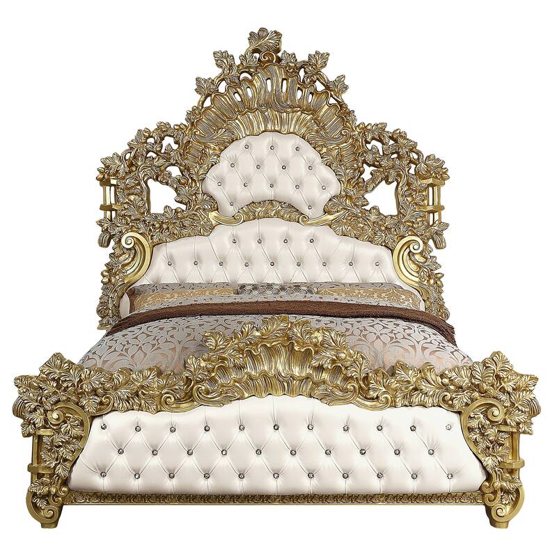 Heverford White and Gold Eastern King Scrolled Floral Bed