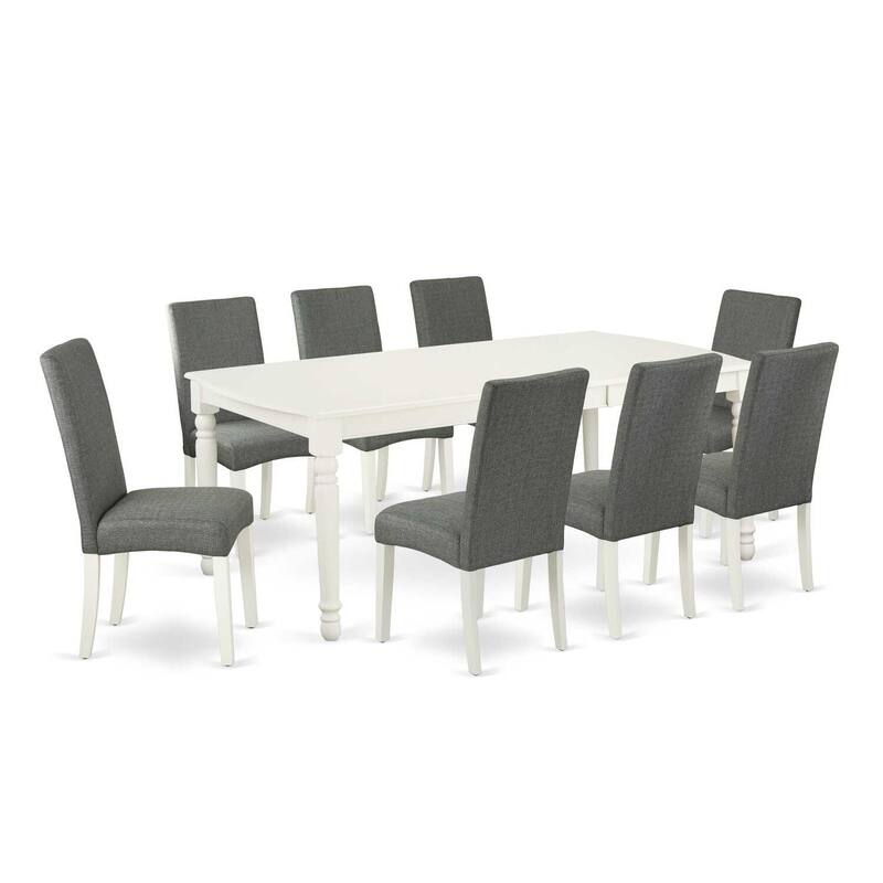 Rectangle Dining Table Set 9Pc - 60x78 Inch Table w/ Leaf & 8 Gray Linen Chairs