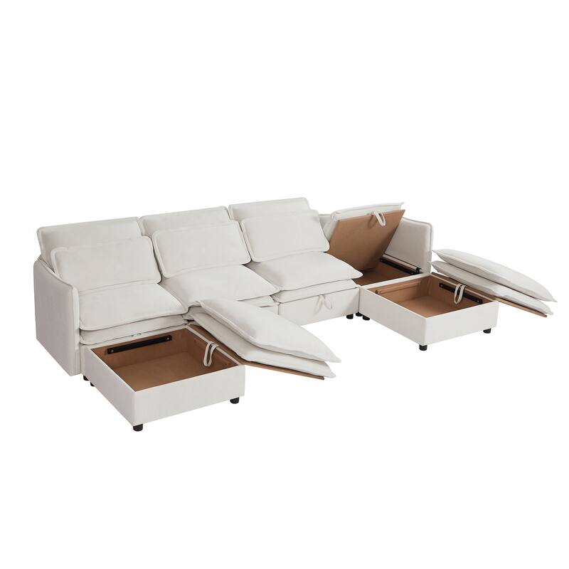 Double-Layer Cushion Modular Sofa with Storage Seat, 6-Seater Sectional Sofa for Livingroom Polyester Convertible Sofa Bed