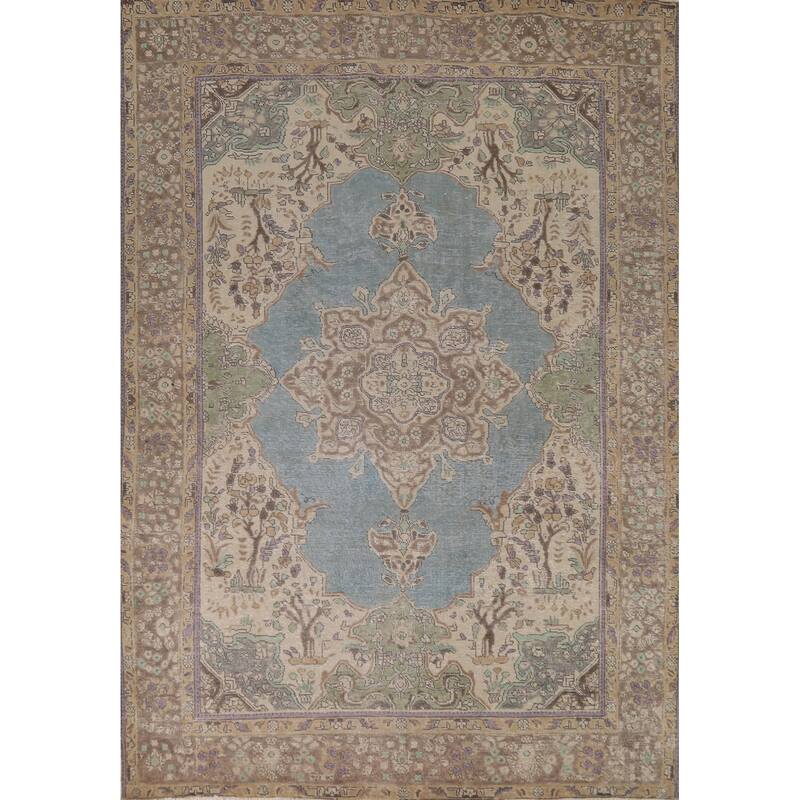 Hand Knotted Oriental 100% Wool Carpet Traditional Floral Navy Blue & Blues Tabriz Area Rug - 8' 11'' X 6' 7''
