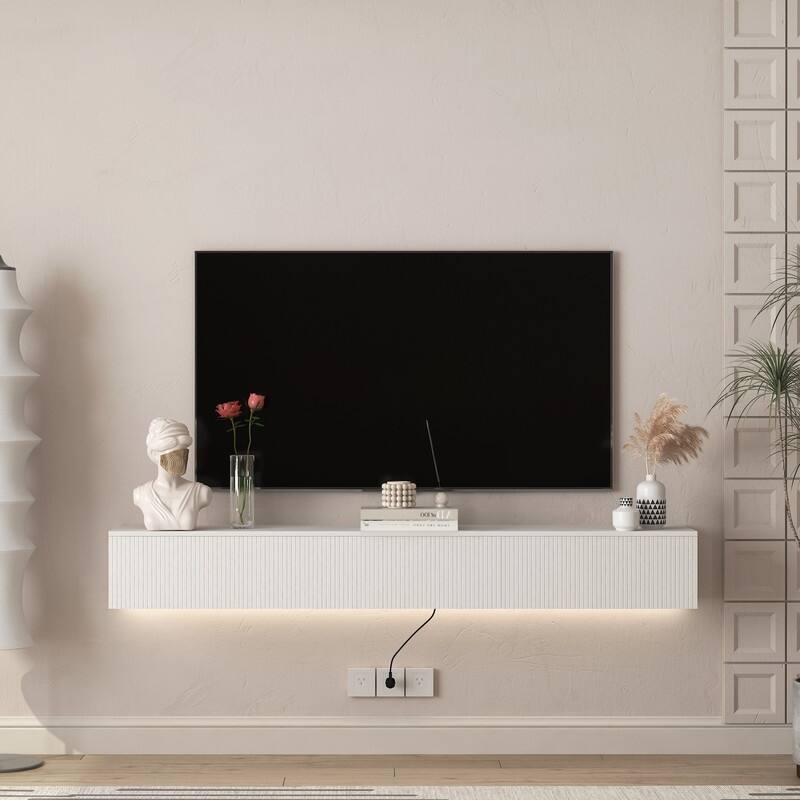 69" Wall Mounted TV for TVs up to 65'', Floating TV Stand with LED Lights & Power Outlet - White